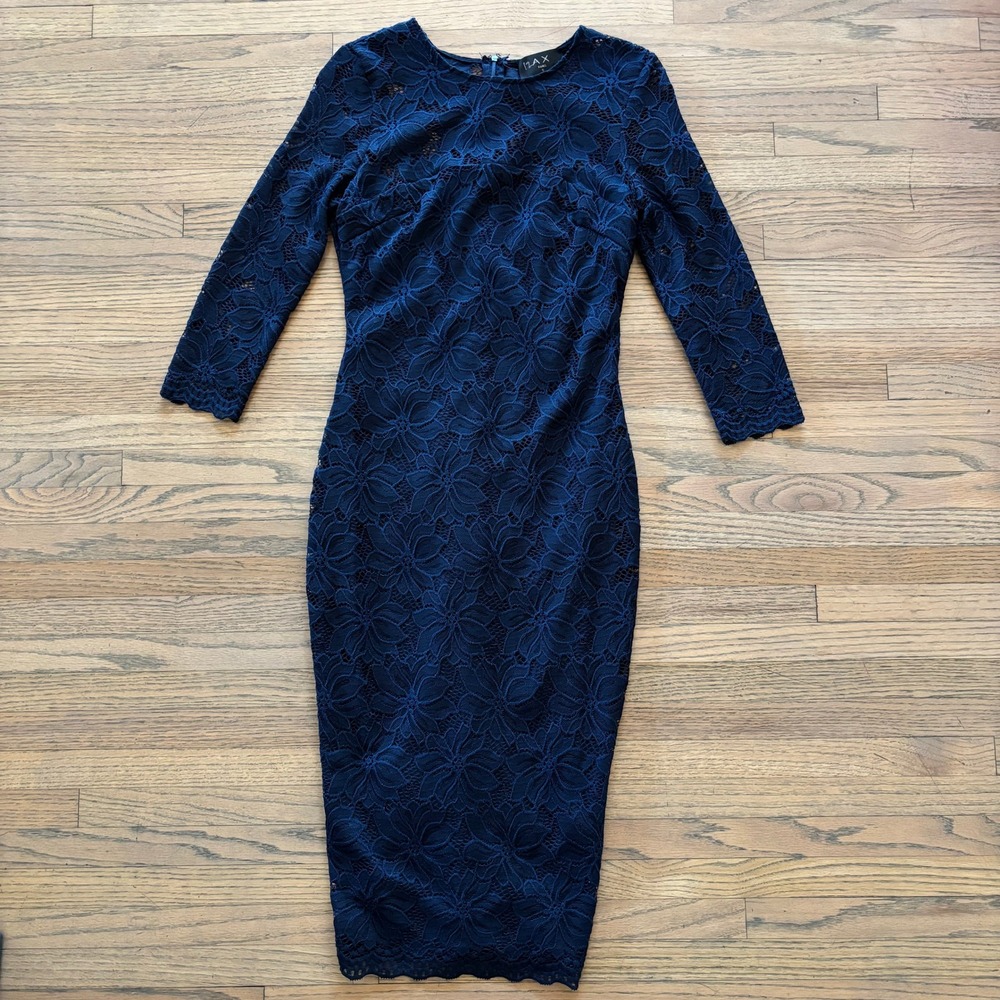 AX Paris Navy Blue Floral Lace Midi Sheath Dress 3/4 Sleeve Scalloped Hem Small